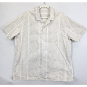 Macy's Camp Button Up Shirt Men XL Short Sleeve Printed Tan White Causal Office